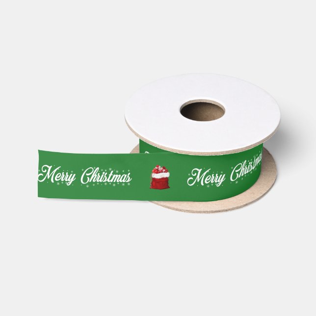 Ruban En Satin Joyeux Noël blanc vert avec sac cadeau Père Noël (Bobine)