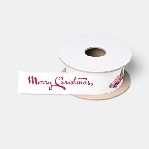 Ruban En Satin Joyeux Noël Calligraphie Camion de Noël Rouge
