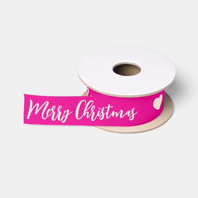 Ruban En Satin Joyeux Noël Hot rose et blanc traditionnel (Bobine)