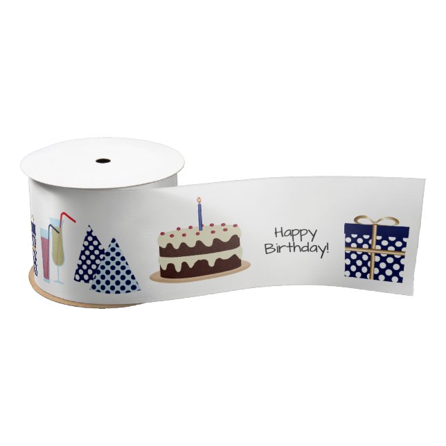 Ruban En Satin Joyeux ruban d'anniversaire - en bleu marine, 3'' (Bobine)