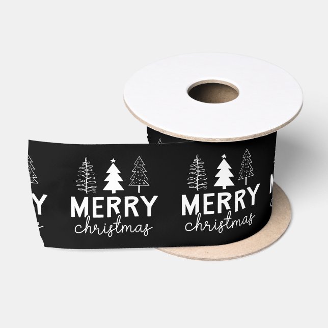 Ruban En Satin Joyeux sapin noir blanc de Noël (Bobine)