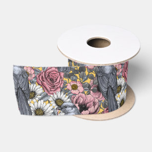 Ruban En Satin Jus gris et fleurs
