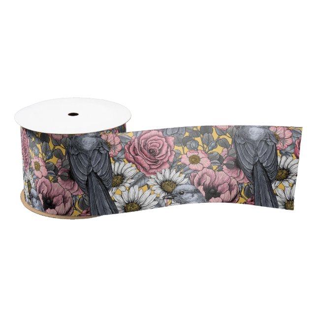 Ruban En Satin Jus gris et fleurs (Bobine)