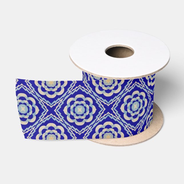 Ruban En Satin Kaleidoscope bleu blanc géométrique (Bobine)
