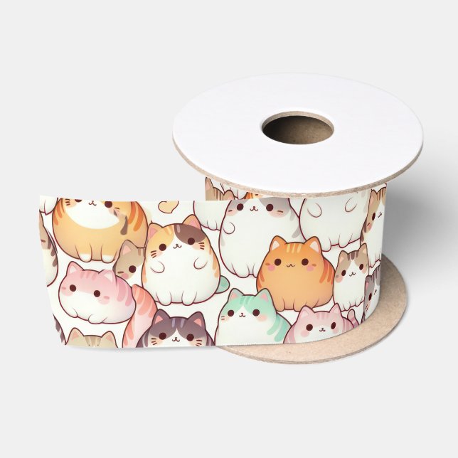 Ruban En Satin Kawaii Chubby Chats De Cartoon Avec Coeurs (Bobine)