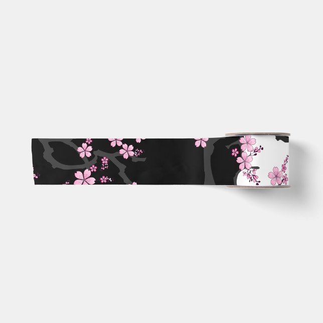Ruban En Satin Kimono japonais Sakura noir et blanc (Devant)
