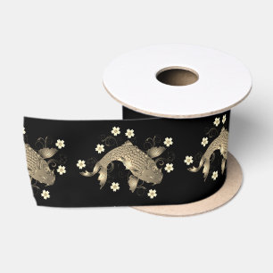 Ruban En Satin Koi poisson oriental noir et or floral élégant