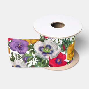 Ruban En Satin Lilac Rouge Blanc Jaune Poppies & Feuilles verts