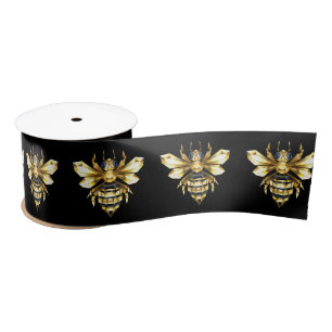 Ruban En Satin Logo Faux Gold Foil Bee Polygonal sur Noir