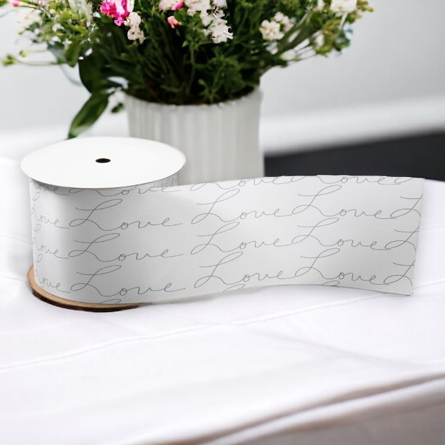 Ruban En Satin Love Script écriture noir sur blanc (Love Script Black Cursive on White Satin Ribbon)