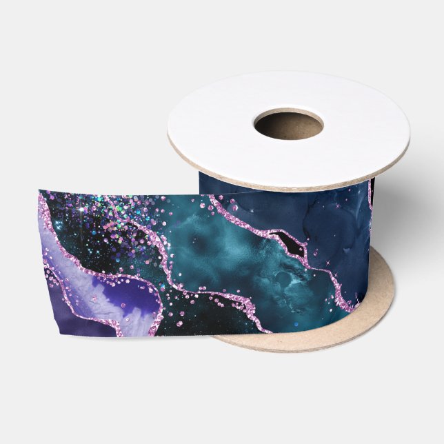 Ruban En Satin Luxe Marble Crystal Purple Teal Glitter Agate (Bobine)