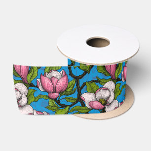 Ruban En Satin Magnolia en floraison sur bleu