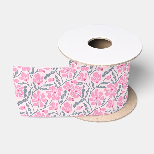 Ruban En Satin Main rose rétro dessinée motif floral (Bobine)