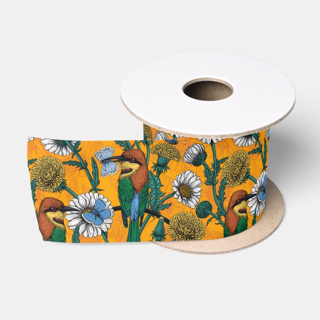 Ruban En Satin Mangeurs d'abeilles, papillons bleus et marguerite (Bobine)