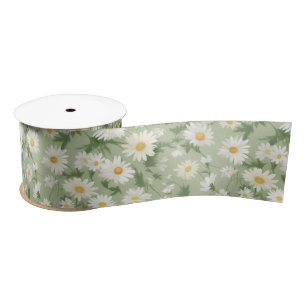 Ruban En Satin Marguerites blanches sur vert