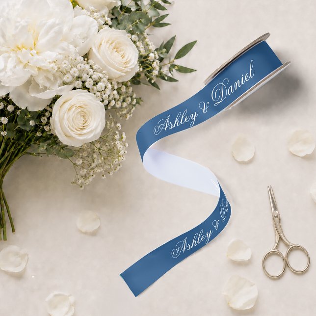 Ruban En Satin Mariage Bleu Classique Écriture Calligraphique Élé (Créateur téléchargé)