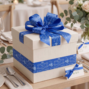 Ruban En Satin Mariage Floral Blanc Bleu Royal Monogramme