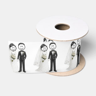 Ruban En Satin Mariés Stick Figure Mariée et Marié sur des Cœurs