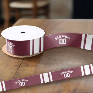 Ruban En Satin Maroon and White Jersey Stripes Nom personnalisé N