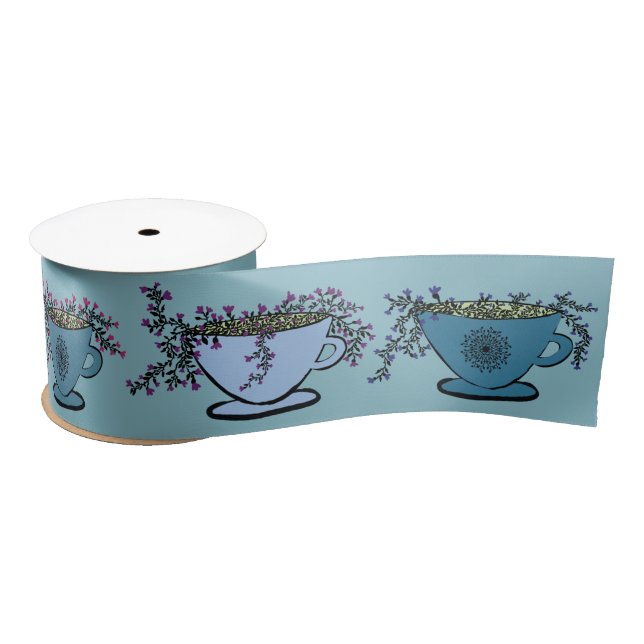 Ruban En Satin Méditation Whimsical Tea Motif Bleu (Bobine)