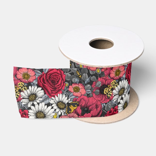 Ruban En Satin Mélange de fleurs en rouge et gris (Bobine)