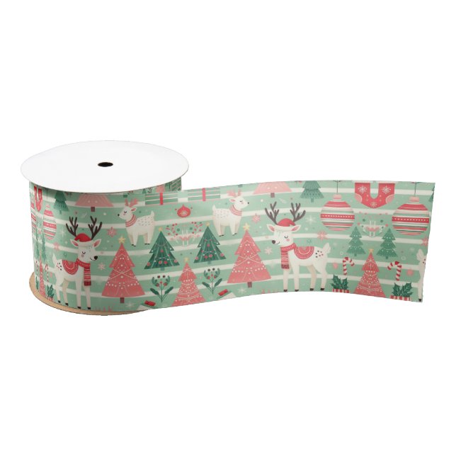 Ruban En Satin Mignonne fête Noël Reindeer Motif Vert (Bobine)
