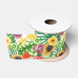 Ruban En Satin Mix-fruit tropical, fleurs et feuilles sur blanc