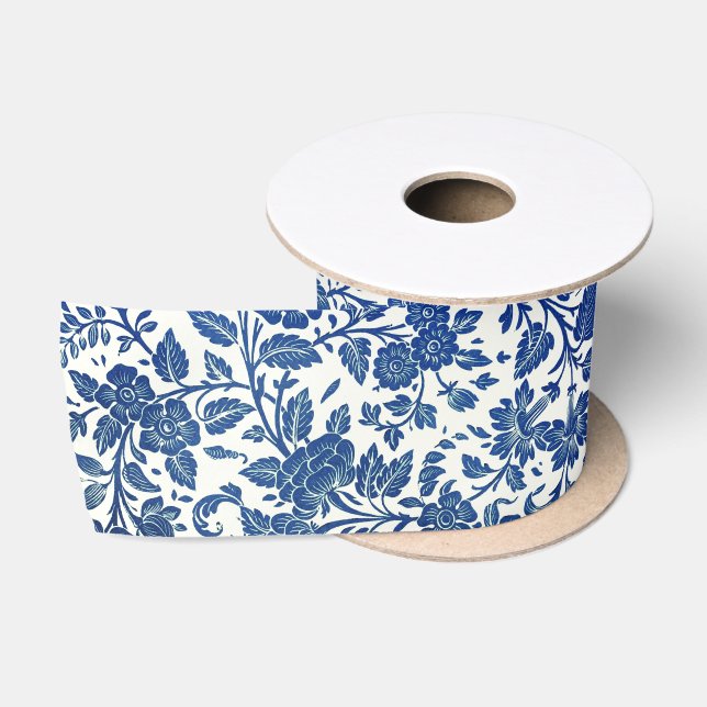 Ruban En Satin Modèle floral bleu (Bobine)