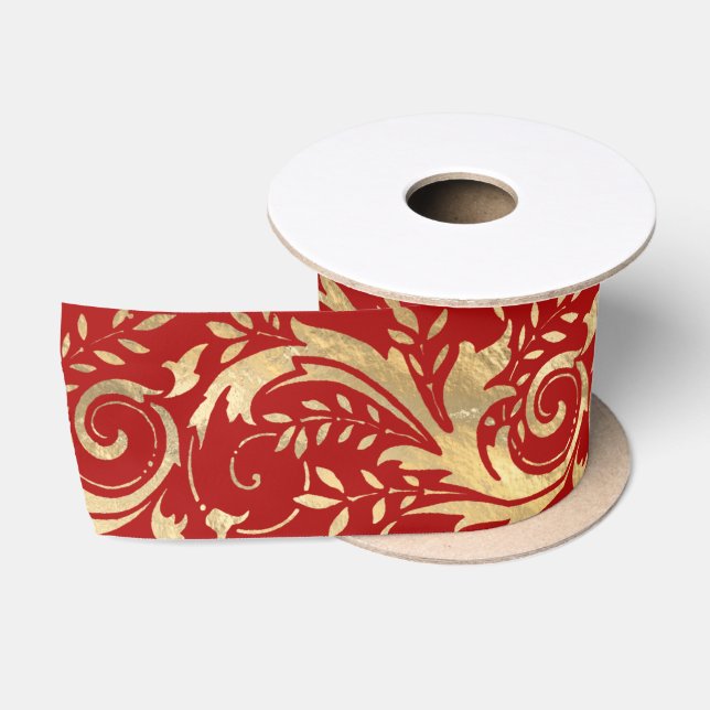 Ruban En Satin Modèle Floral Orné Rouge Or Luxe (Bobine)