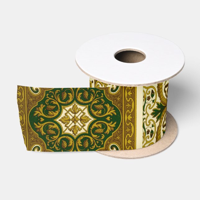 Ruban En Satin Modèle vintage vert et or floral (Bobine)