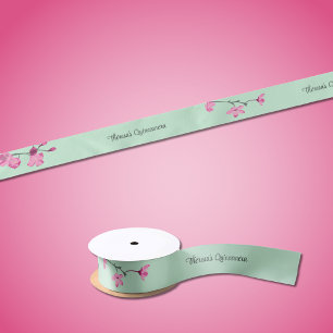 Ruban En Satin Monnaie verte aux fleurs de cerisier rose Personna