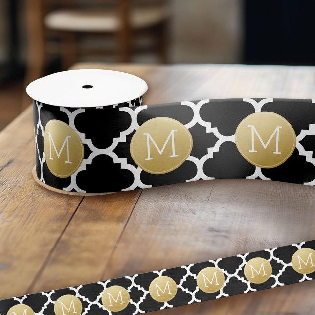 Ruban En Satin Monogramme personnalisé Motif de Quatrefoil noir e (Custom Ribbon)