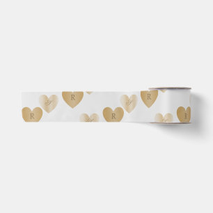 Ruban En Satin Monogrammes Personnalisés, Doublez les Cœurs Dorés
