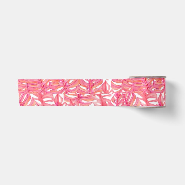 Ruban En Satin Monstère rose tropicale moderne Feuilles Plantes (Devant)