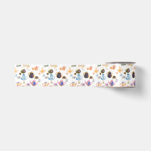 Ruban En Satin motif à l'heure du thé - tasses à thé et théière d