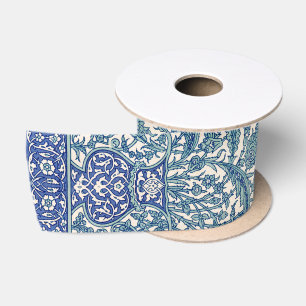 Ruban En Satin Motif arabe Floral Orné Bleu