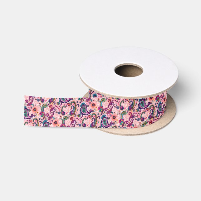 Ruban En Satin Motif assez rose de Paisley (Bobine)