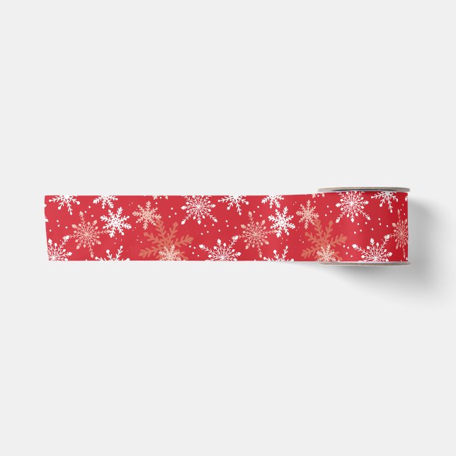 Ruban En Satin Motif blanc Snowflake sur rouge (Devant)