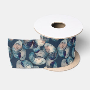 Ruban En Satin Motif bleu foncé avec papillons