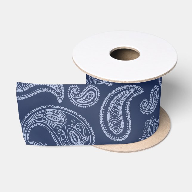 Ruban En Satin Motif bleu-foncé élégant de Paisley (Bobine)