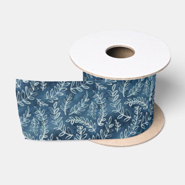 Ruban En Satin Motif Blue Indigo Feuille Twigs (Bobine)