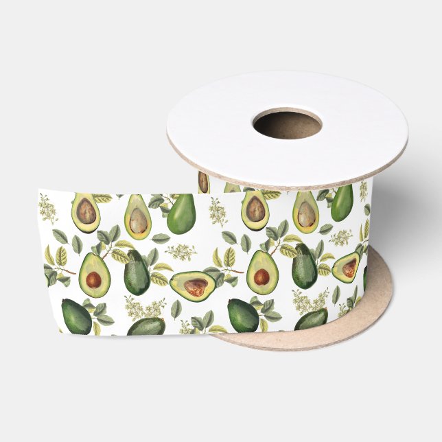 Ruban En Satin Motif botanique Aquarelle Avocado (Bobine)