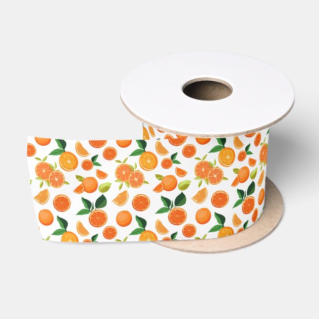 Ruban En Satin Motif botanique d'agrumes orange (Bobine)