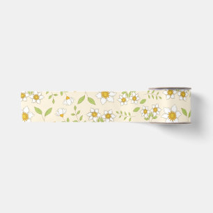 Ruban En Satin Motif botanique floral blanc sur crème