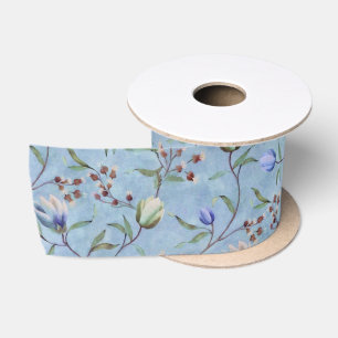Ruban En Satin Motif d'anémones de tulipes bleues et blanches