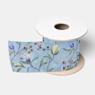 Ruban En Satin Motif d'anémones de tulipes bleues et blanches
