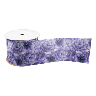 Ruban En Satin Motif d'aquarelle de fleurs d'anémone violet