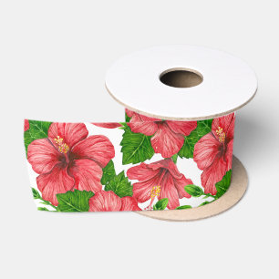 Ruban En Satin Motif d'aquarelle d'hibiscus rouge