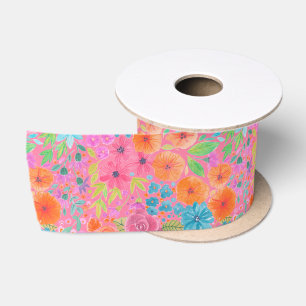 Ruban En Satin Motif d'aquarelle florale en rose