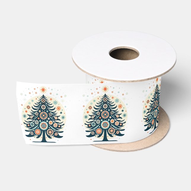 Ruban En Satin Motif d'arbre de Noël de style nordique rétro colo (Bobine)